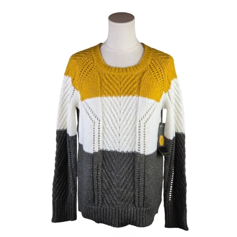Press Colorblock Chevron Knit Sweater Yellow White Gray NWT Size XS
